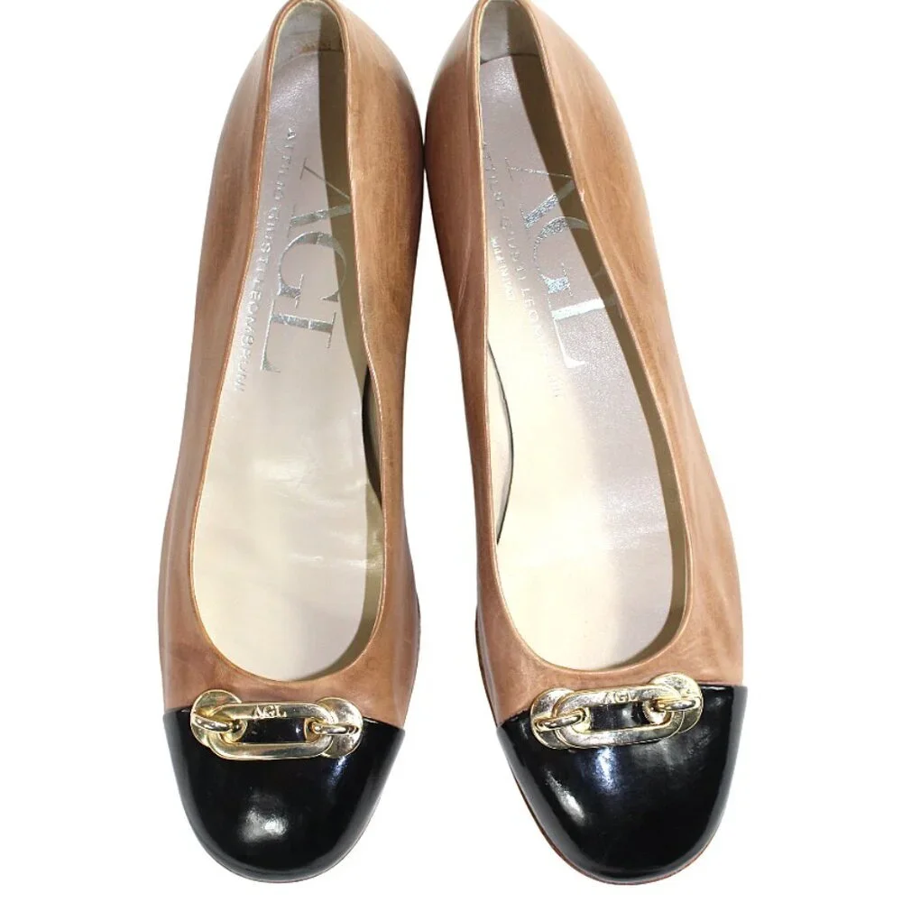 AGL Attilio Giusti Leombruni Taupe Black Cap Toe Buckle Leather Flats, Size 36.5
